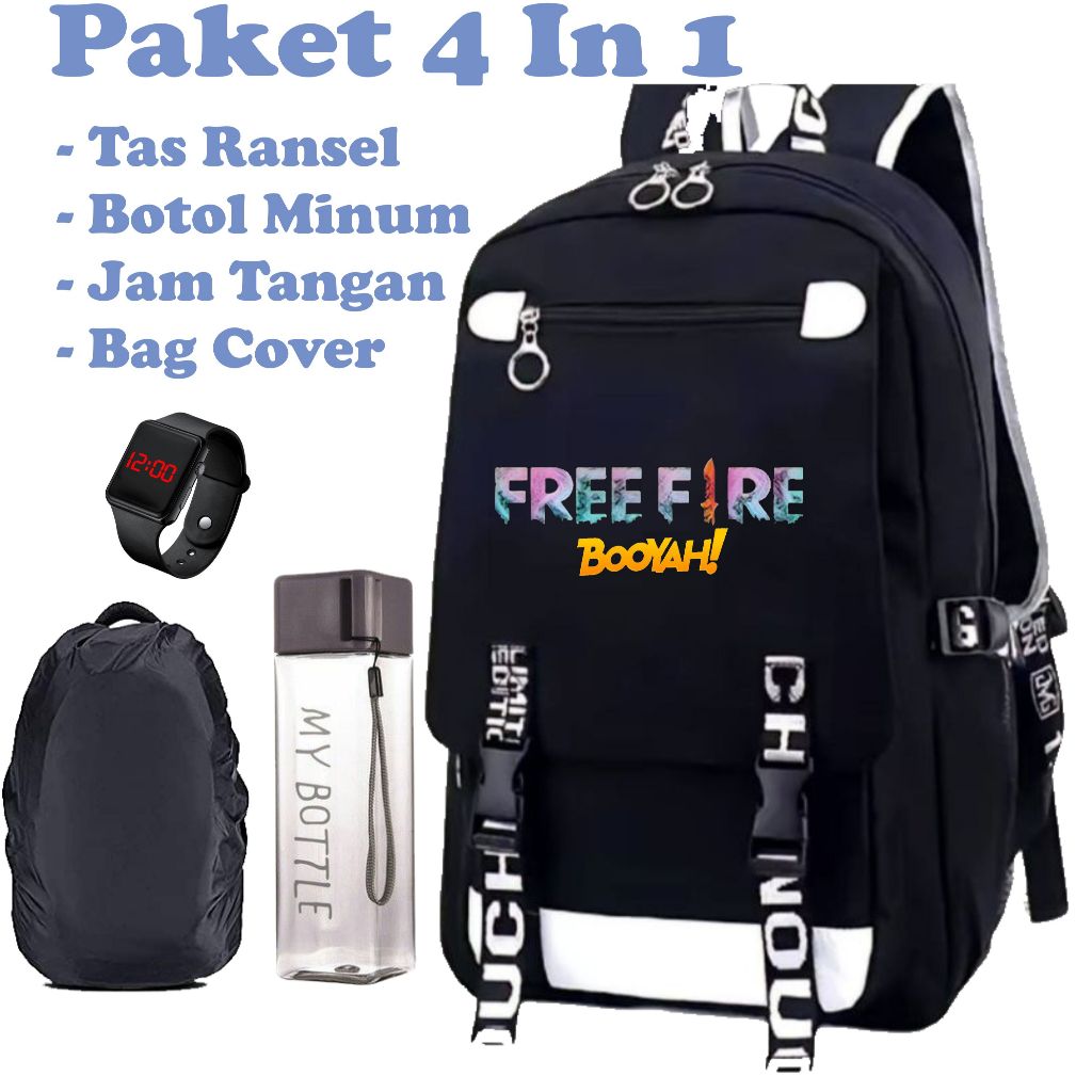 4-in-1 แพคเกจกระเป๋านักเรียนเด็กประถมพร้อม FREEFIRE BOOYAH โลโก้ภาพพรีเมี่ยมแฟชั่นเกาหลี