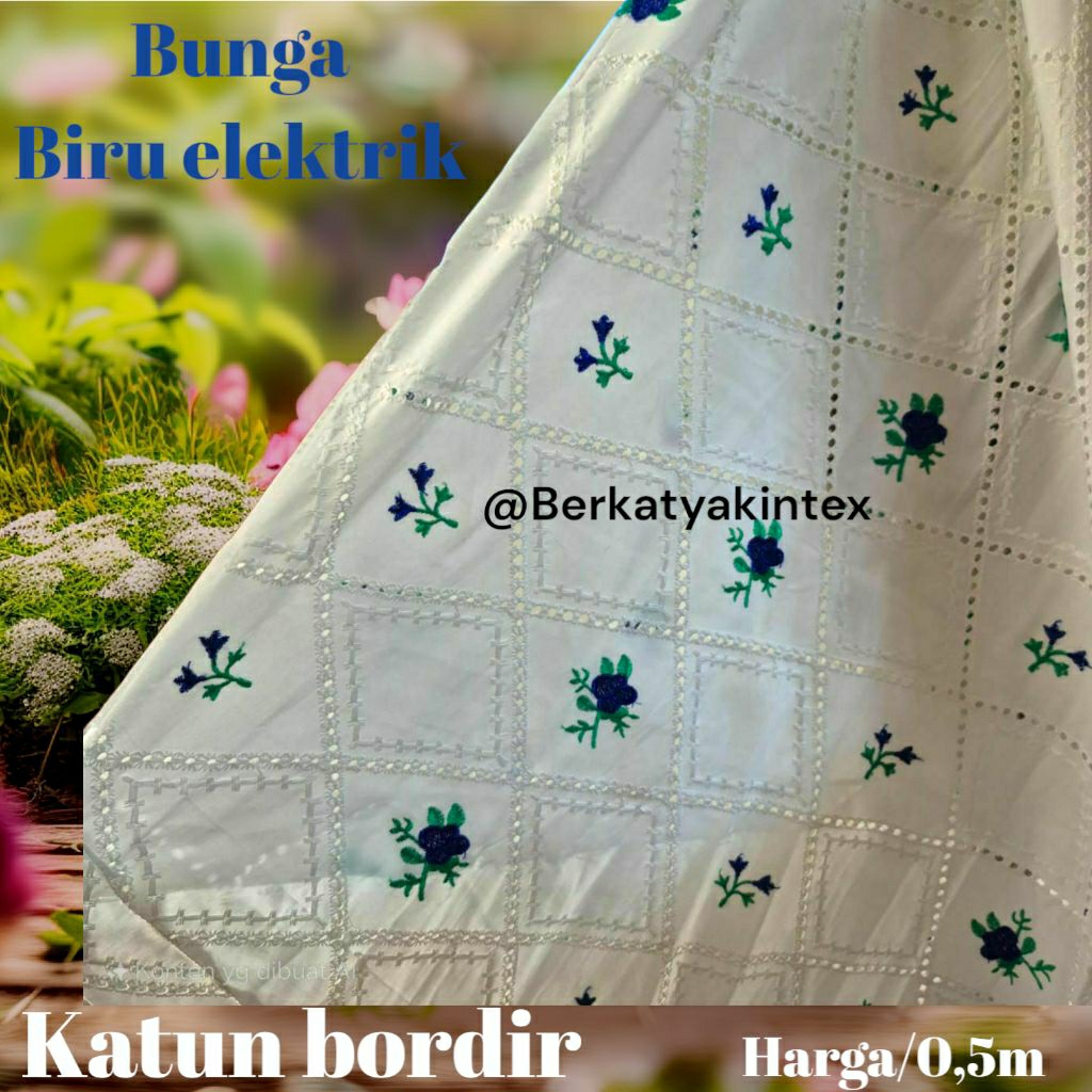 KATUN ผ้าคอตตอนลายดอกไม้ - ผ้าคอตตอนปักลายดอกไม้สีฟ้าไฟฟ้า/BCA - ผ้าปักลายดอกไม้ ราคา/0.5m