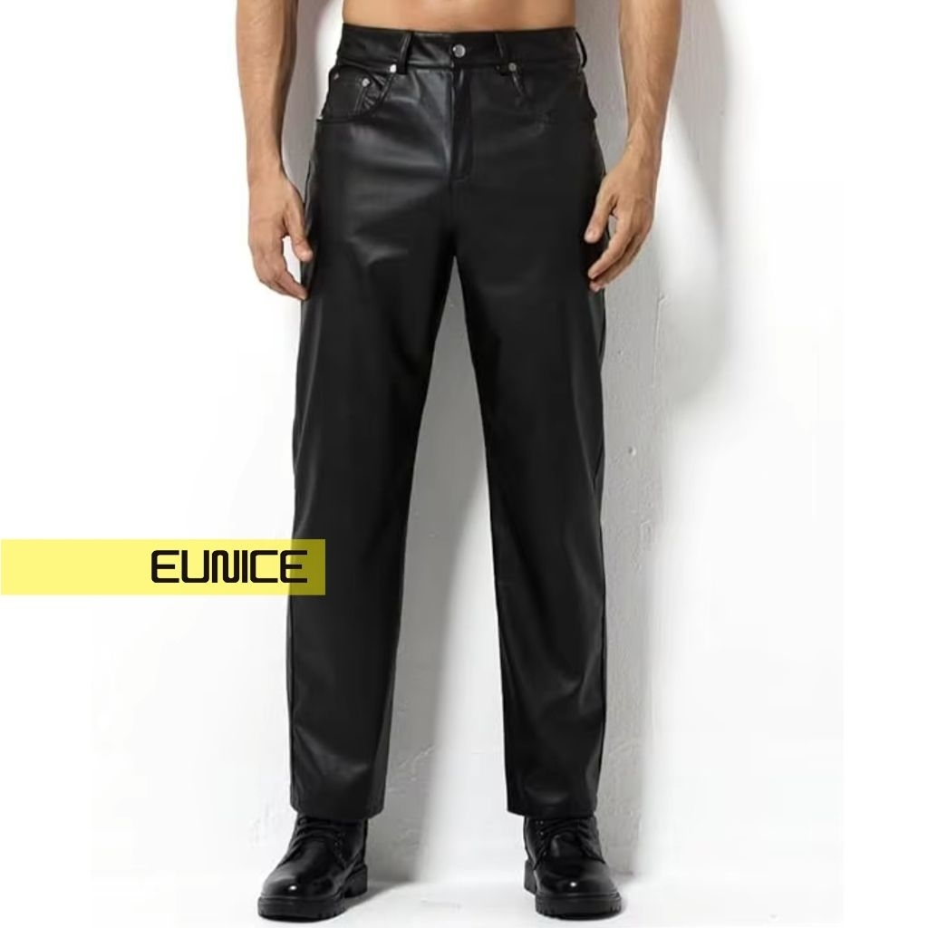 FAUX LEATHER PANTS MENS SLIM STRAIGHT LEG CASUAL LEATHER PANTS