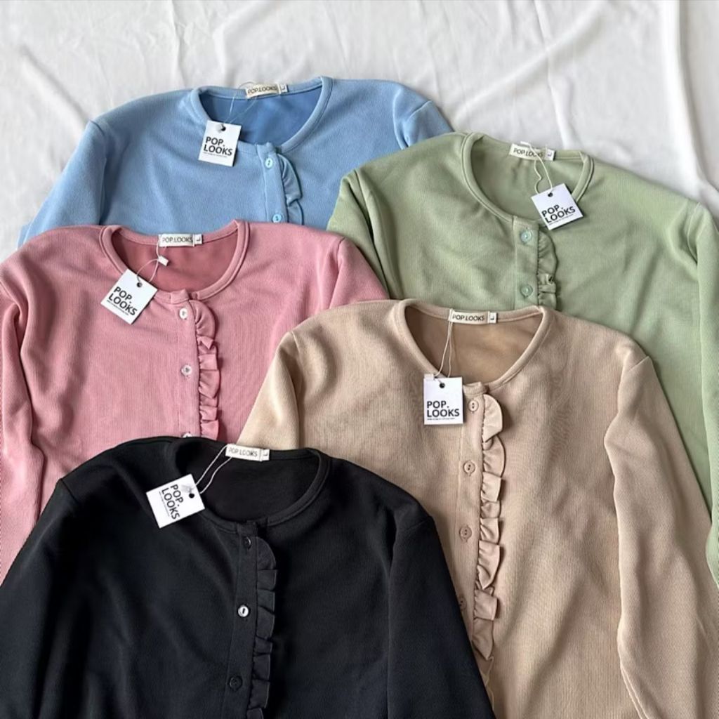 WOMENS TOP CARDIGAN CROP RUFFLE / RIB KNIT CARDIGAN