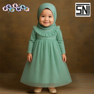(เช่น) ชุดเดรสฮิญาบเด็กพร้อมกระเบื้องตูลูกไม้ จุด (0-4ปี) เส…