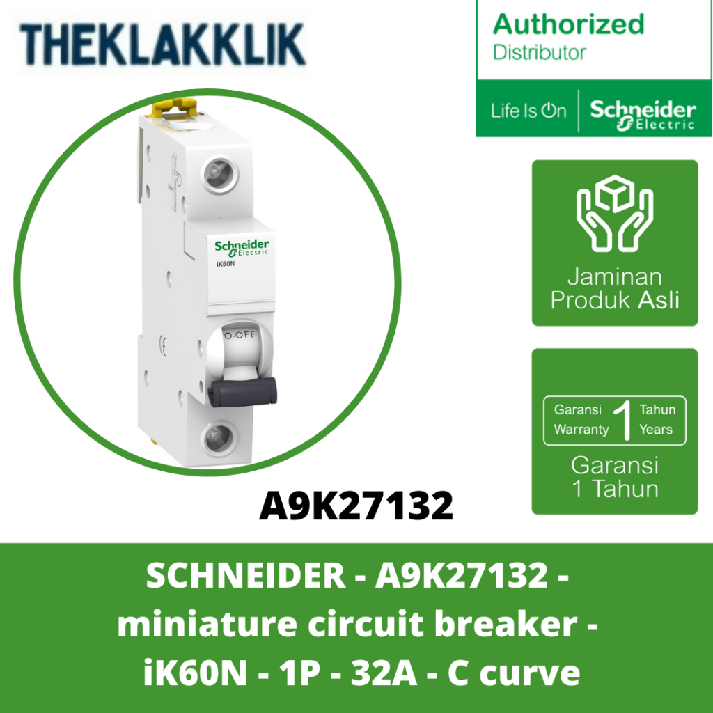 SCHNEIDER - A9K27132 - เซอร์กิตเบรกเกอร์ขนาดเล็ก - iK60N - 1P - 32A - C Curve