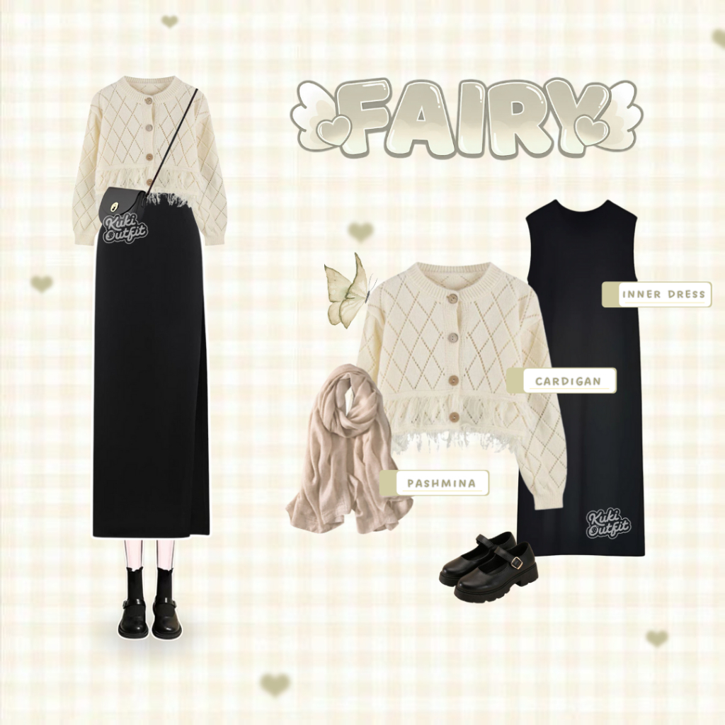 Kuki Outfit - Fairy Oneset สไตล์เกาหลี (คาร์ดิแกน Ruffle, เดรสแขนกุด, Pashmina) KK242