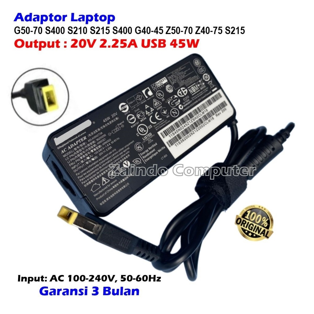 อะแดปเตอร์ 20V 2.25A USB IDEAPAD S210 S400 S215 U330P U430P M490S CHARGER 20V 2.25A USB THINKPAD45 G