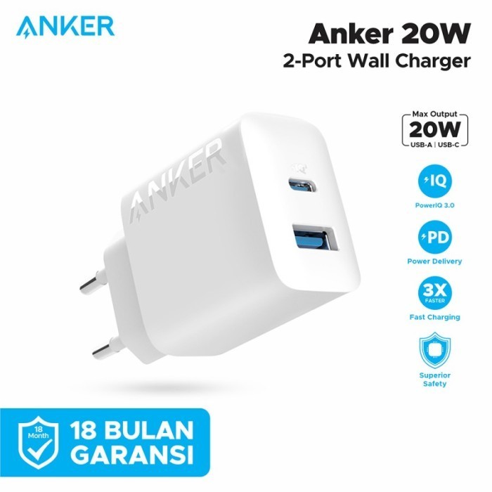 Anker Powerport Charger 20W 18W Dual Port USB Type A & C Anker Wall Charger PowerPort 20W - A2347/A2