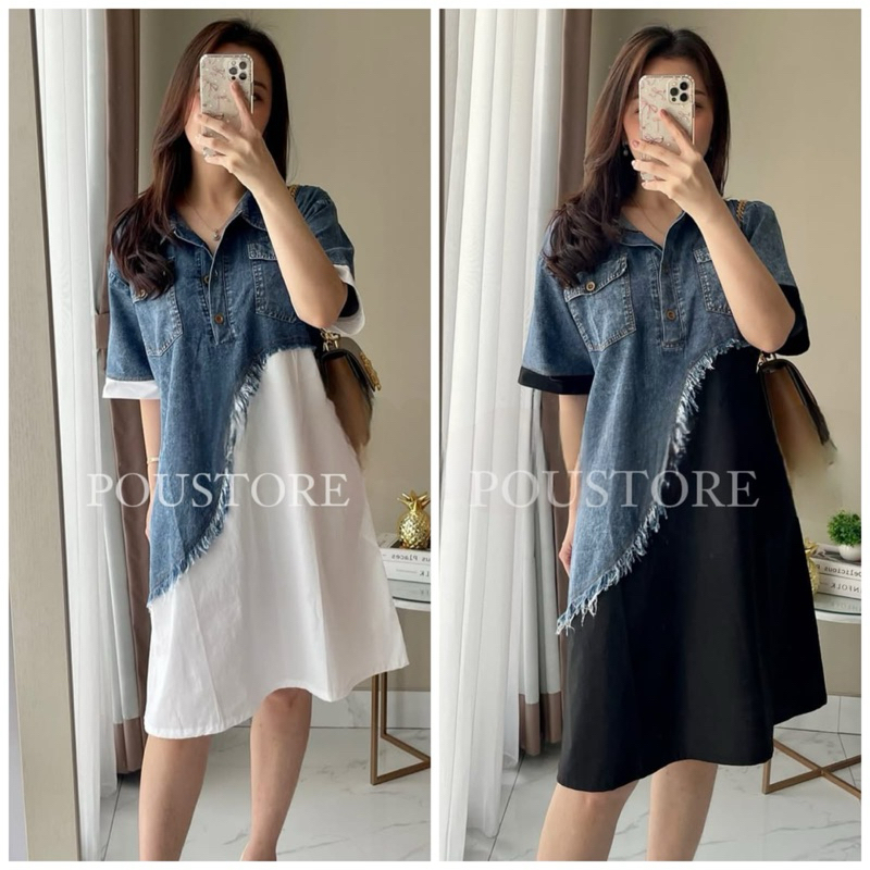 DOME DENIM DRESS PREMIUM / COTTON COMBINATION DENIM DRESS / ชุดสตรี