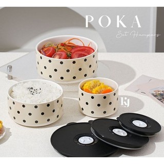 POKA Set Mangkuk Keramik Polkadot Tutup Silikon | Microwave & Food Storage Bowl Estetik