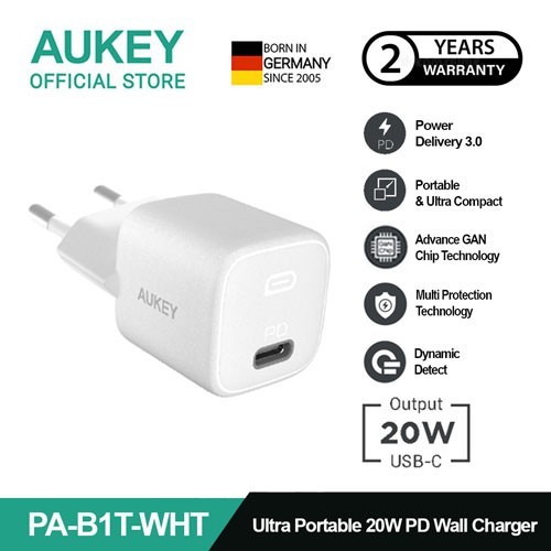 AUKEY Charger Type C 20W GAN PD 3.0 Fast Charging Black & White PA-B1T