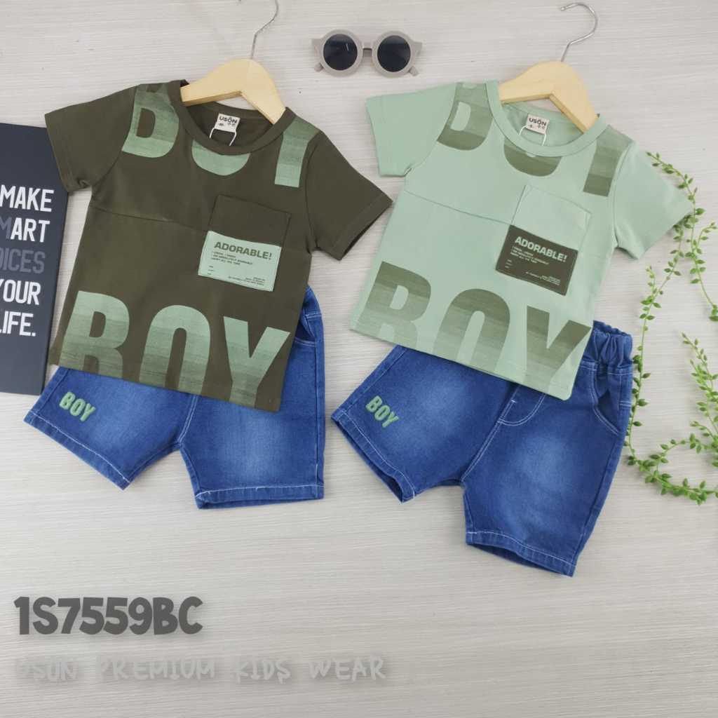 7559 USON BOYS SHORT JEANS T-SHIRT SET (ARMY-MAATCHA)