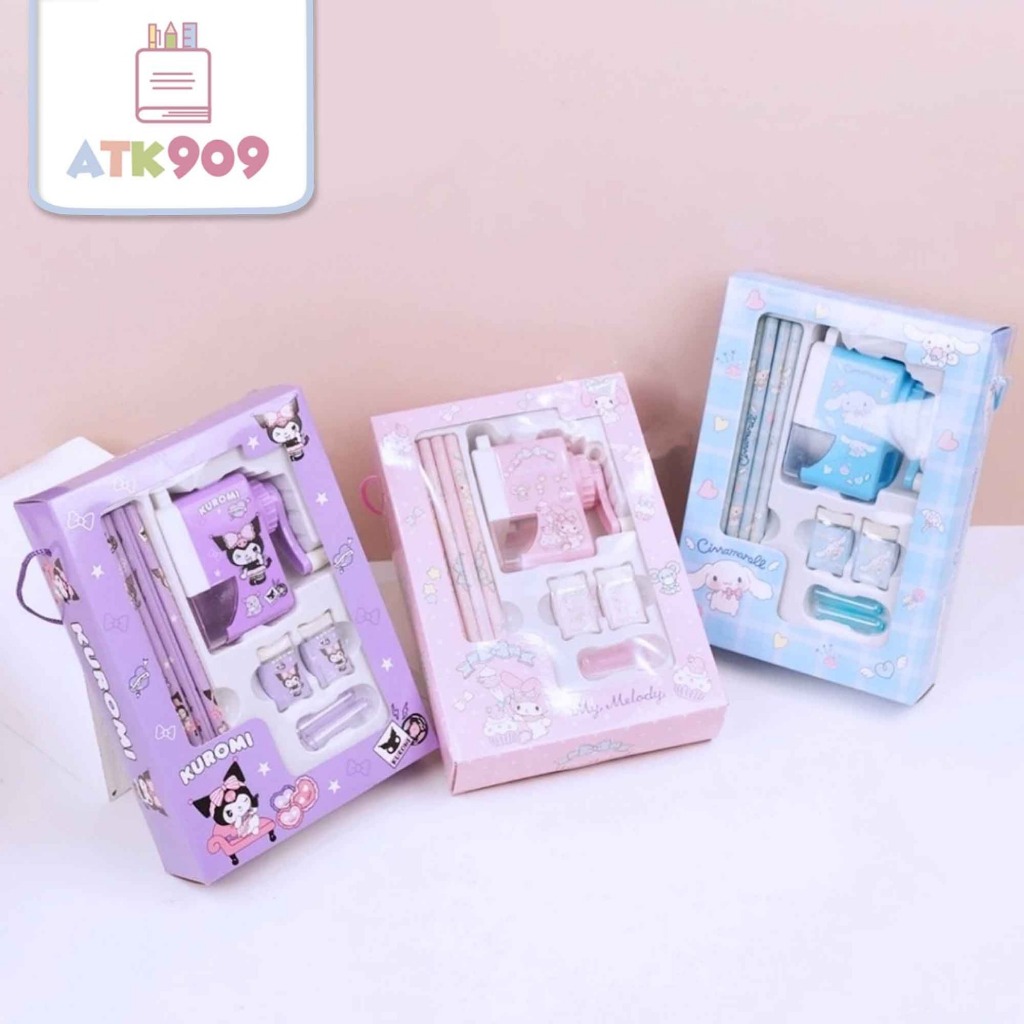 ATK909 Sanrio 7in1 ชุดเครื่องเขียนสําหรับเด็กกบเหลาดินสอยางลบฝาครอบดินสอโรงเรียนเขียน Sharpener Good