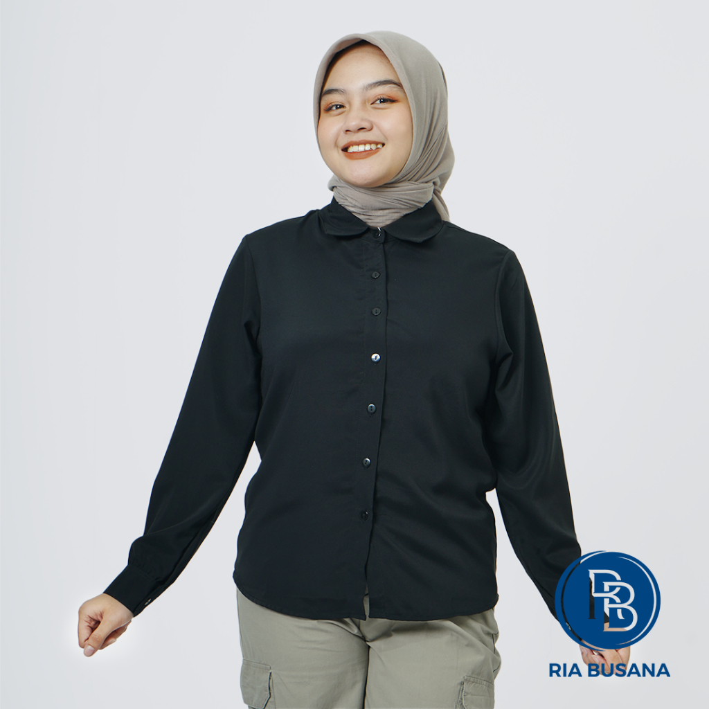 KATUN KEMEJA Ria Busana - TripleB - เสื้อเชิ้ตคอปกผู้ใหญ่ผู้หญิงแขนยาวผ้าฝ้ายธรรมดาสีดํา-ศิลปะสีขาว 