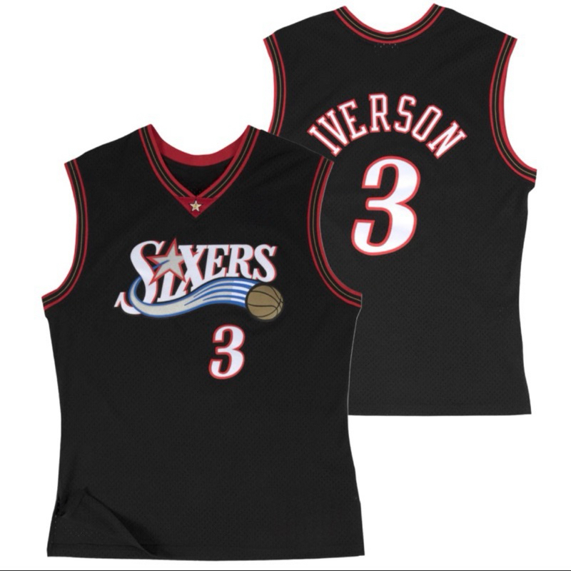 นําเข้า EMBROIDERY JERSEY BASKETBALL SHIRT CLASSIC PHILADELPHIA SIXERS 76ERS 3 ALLEN IVERSON สีดํา
