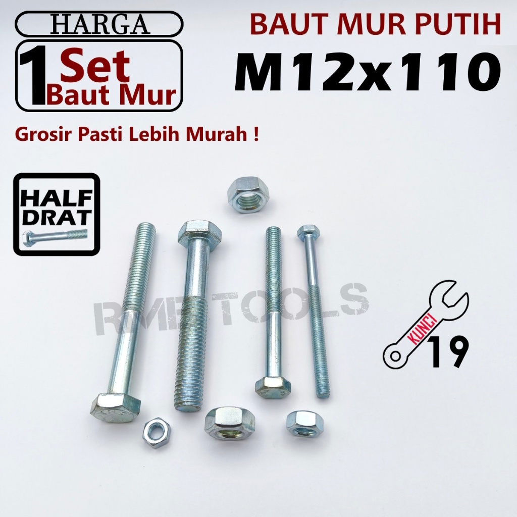 M12x110 สีขาวเหล็ก Hex Bolt Nut สังกะสีกุญแจ 19 Pitch 1.75 M12