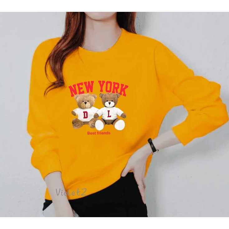เสื้อยืดท็อปแขนยาวผู้หญิงผู้ใหญ่ลายหมีนิวยอร์กเสื้อยืด คอกลม แขนยาวผู้หญิงพร้อมการพิมพ์สกรีน DTF