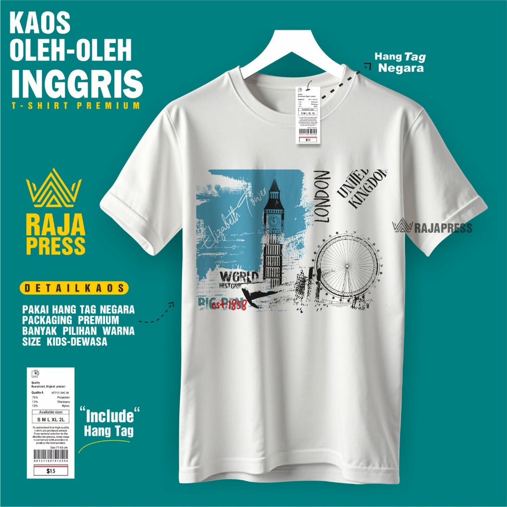 เสื้อยืด ENGLAND LONDON SOUVENIR พร้อมแท็กแขวนระดับพรีเมียมผลิตในของขวัญ SOUVENIR