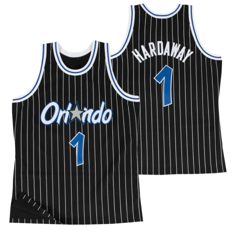 นําเข้า EMBROIDERY CLASSIC ORLANDO MAGIC 1 ANFERNEE PENNY HARDAWAY BLACK STRIPED BASKETBALL JERSEY