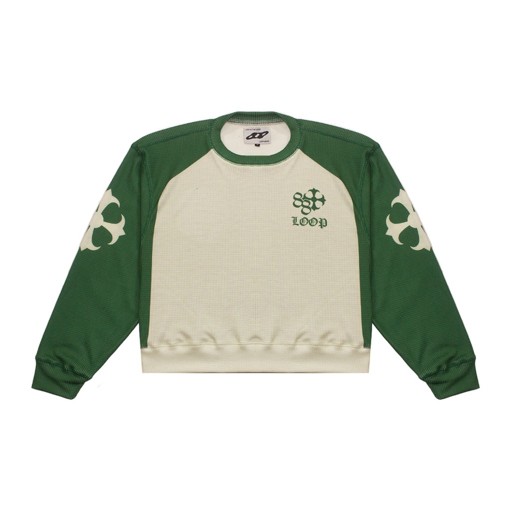 LOOP Crest – Waffle Knit Sweater แขนยาว Oversize Boxy Crewneck Unisex Streetwear Skena ผู้ชายผู้หญิง