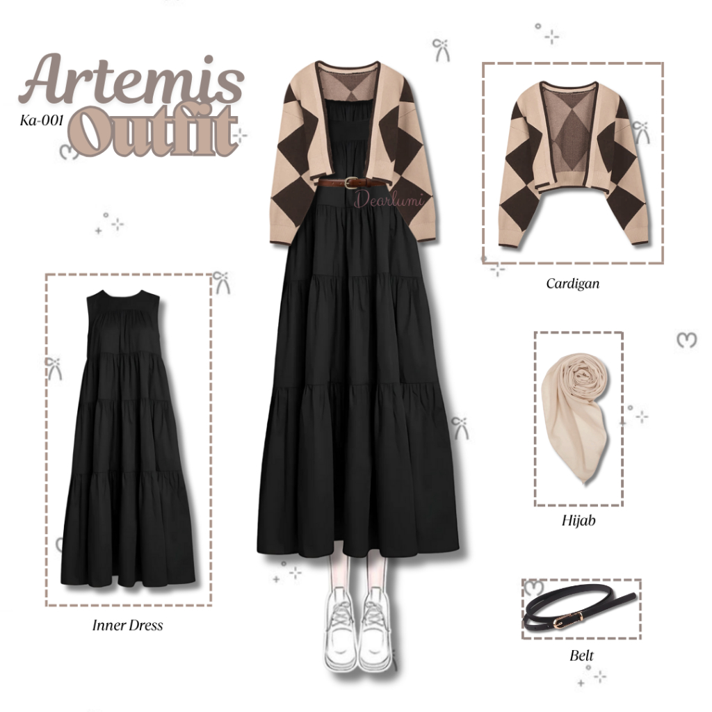 Dearlumi - Artemis 4in1 ชุดเดรสสไตล์เกาหลีสีดํา (คาร์ดิแกน Abstract + Ruffle Inner Dres + Bella Hija