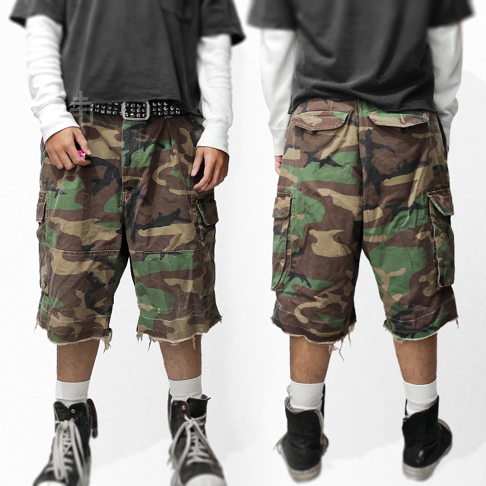 Polo Ralph Lauren Washed Camo Cargo Shorts Jorts Olive Green Military Grunge Custom Ripped