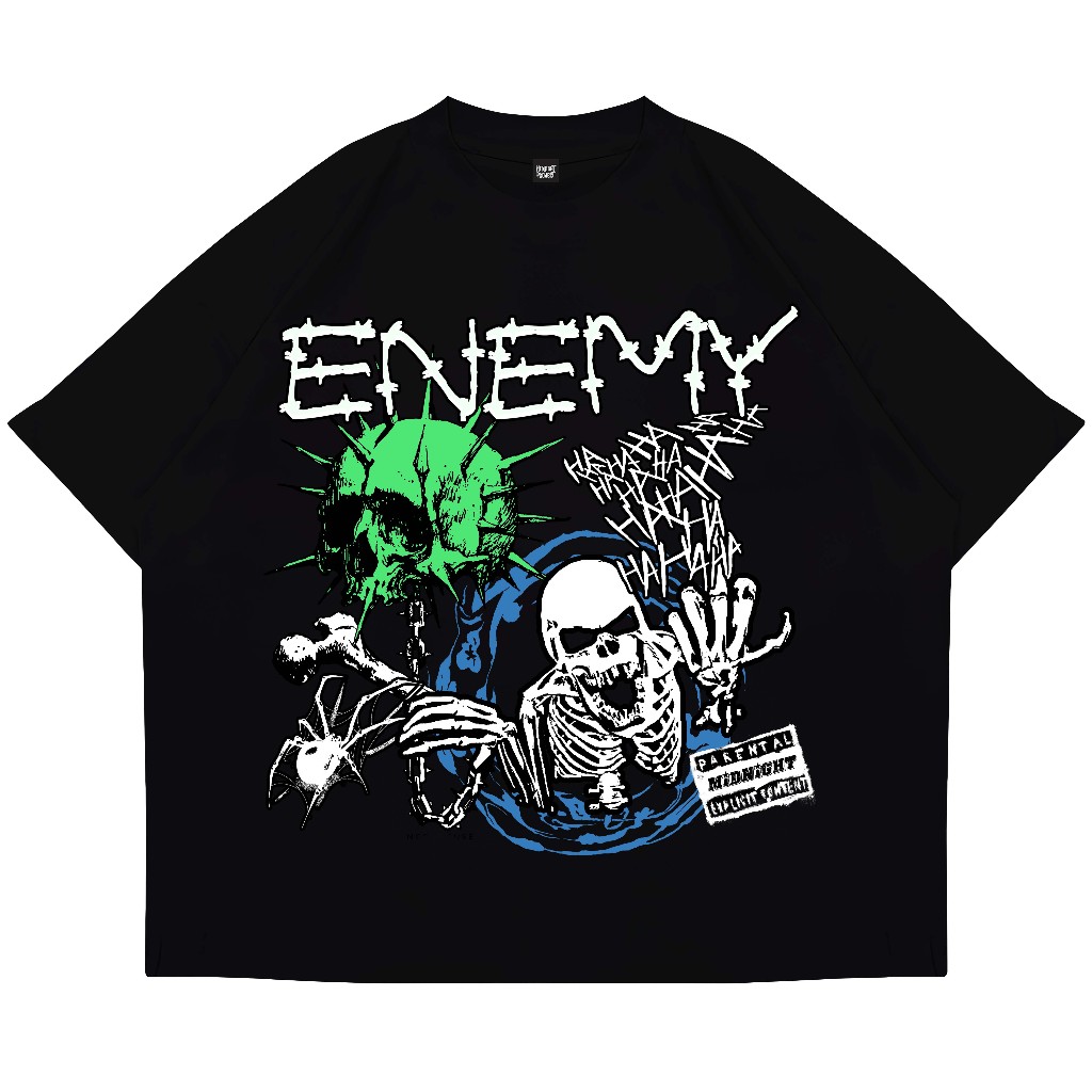 [HOT] MidnightProject Boxy เสื้อยืดขนาดใหญ่ Enemy Black Unisex Cotton Combed 24s