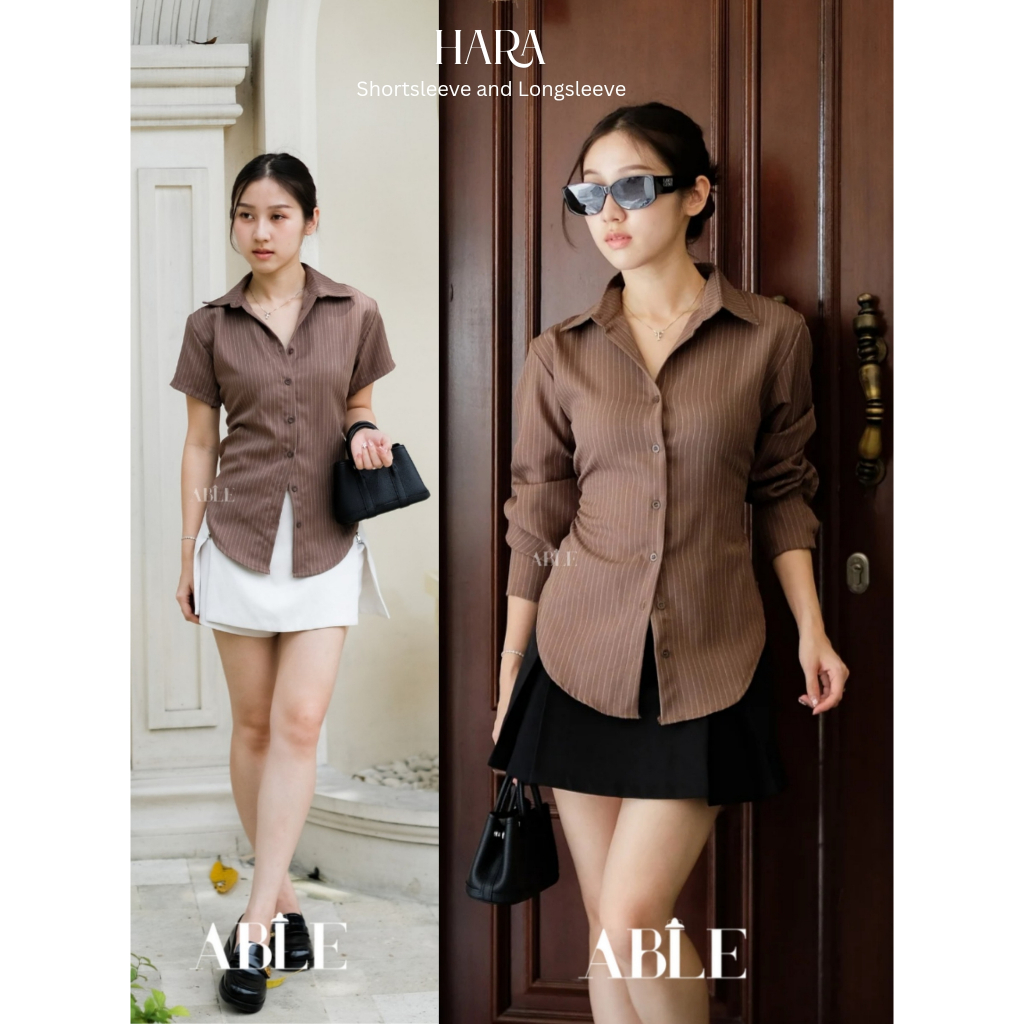 KEMEJA ABLE - Hara Top Fit เสื้อเชิ้ตผู้หญิงแขนสั้น Slim Fit เสื้อเชิ้ตกึ่งขนสัตว์ทํางานอย่างเป็นทาง