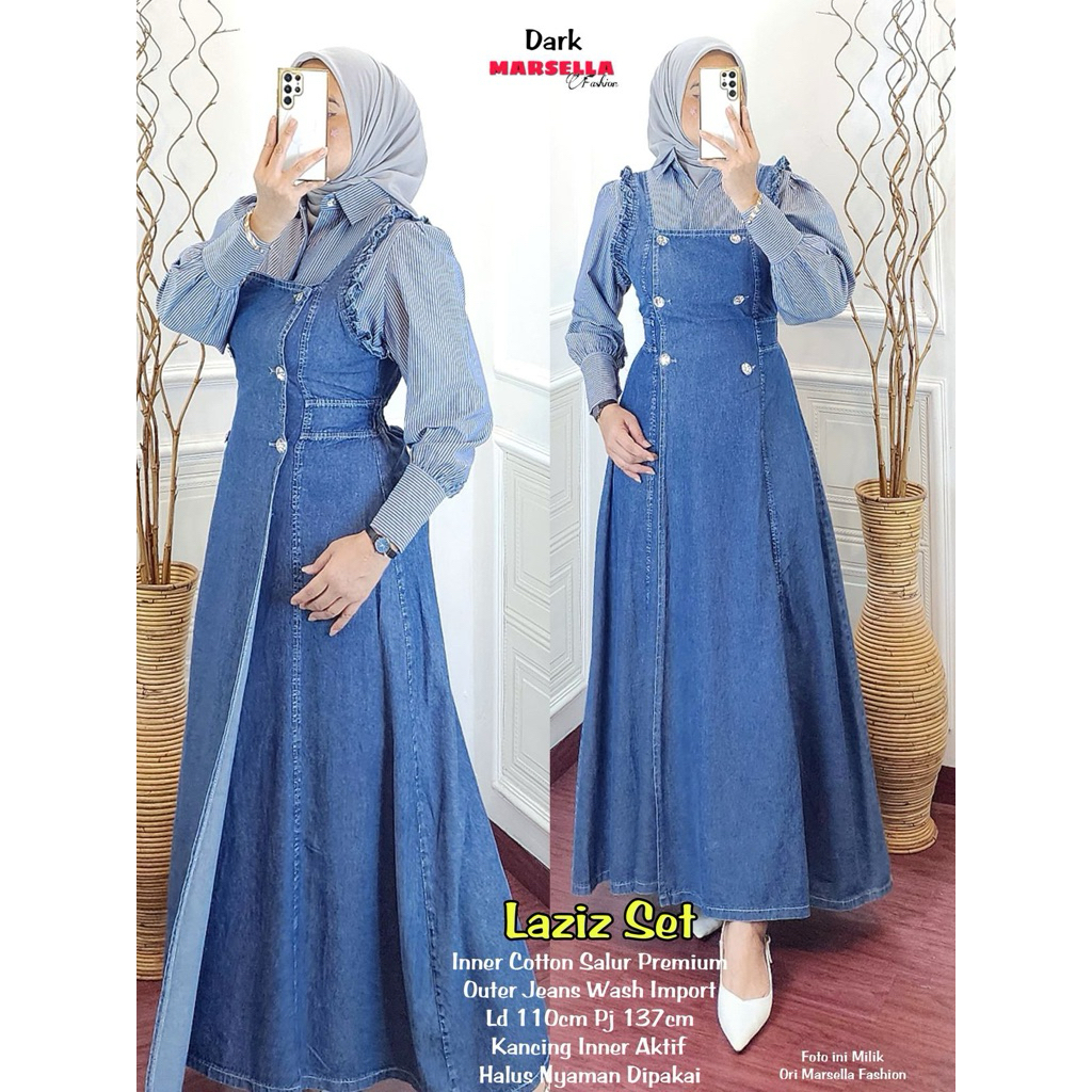 KEMEJA Laziz Set Deep Blue Gamis Overall Teen Jeans | Outer Jeans & Inner เสื้อเชิ้ตลายพรีเมี่ยม