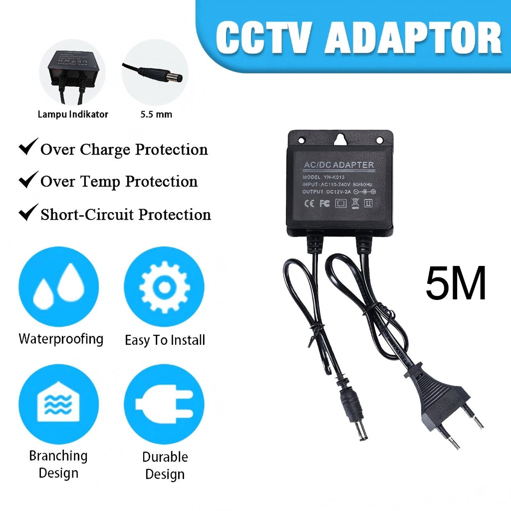 กล้องวงจรปิด Outdoor Edition Charger Adapter ยาว 5 เมตร12V 2A กันน้ํากลางแจ้งสําหรับ Monitor กล้องวง