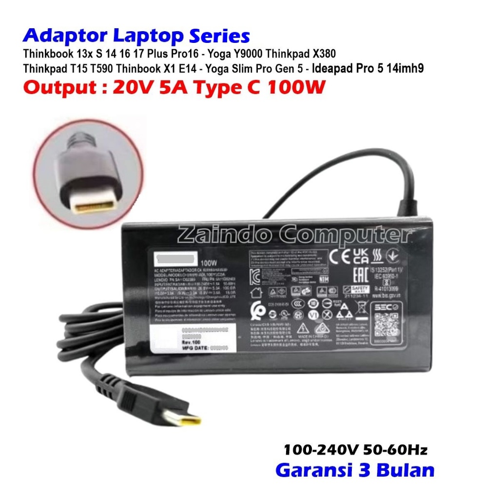 LENOVOoo ADAPTER 20V 5A TYPE C 100W THINKBOOK 13X S 14 16 17 PLUS PRO16 โยคะ Y9000 THINKPAD X380 THI