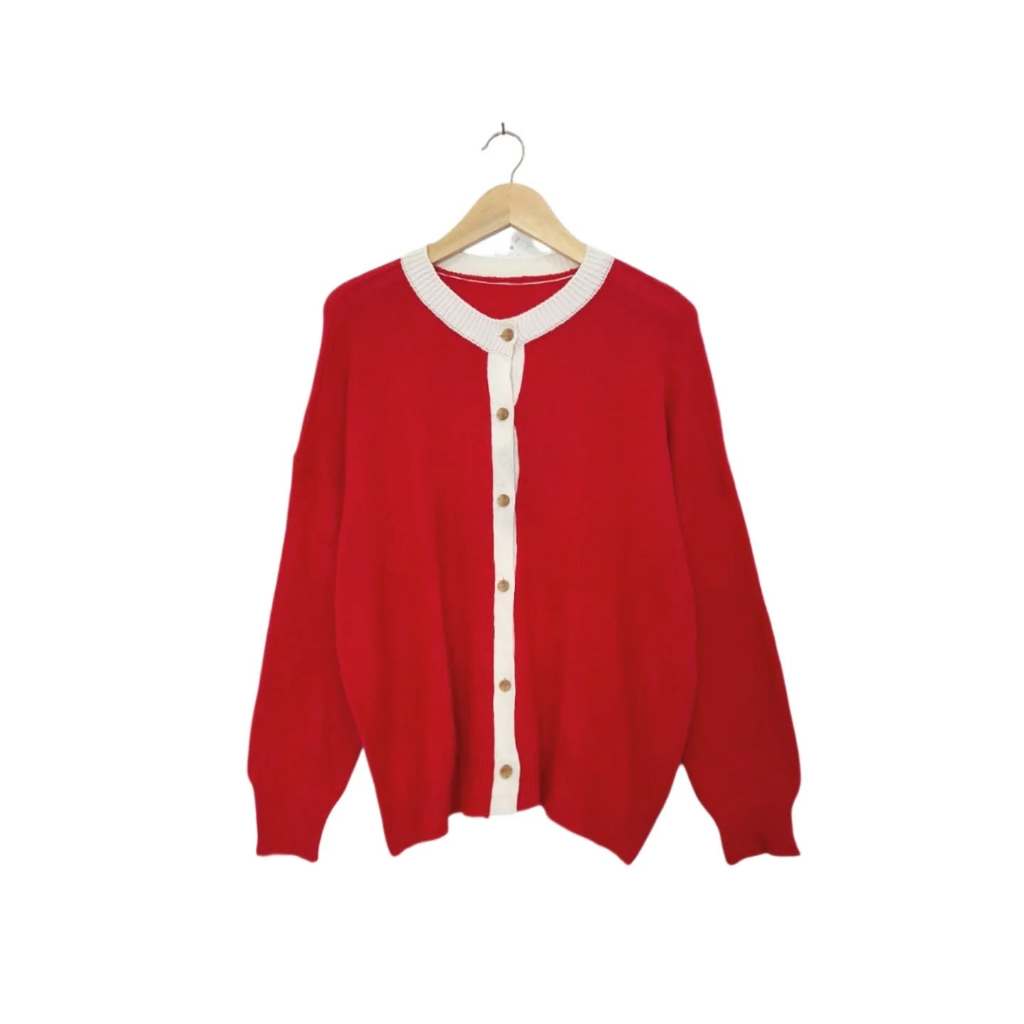 MERAH คาร์ดิแกน O-Neck Chili List (CODE: B79-29)