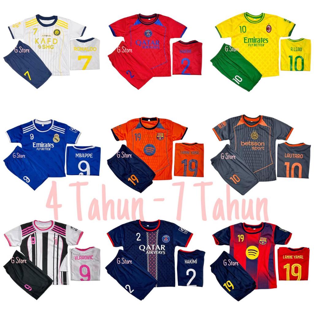 ชุดฟุตบอลเด็ก อายุ 4-7 ปี โรนัลโด้ เมสซี่ neymar mbappe arhan benizema club ชุดเสื้อฟุตบอลคุณภาพล่าส