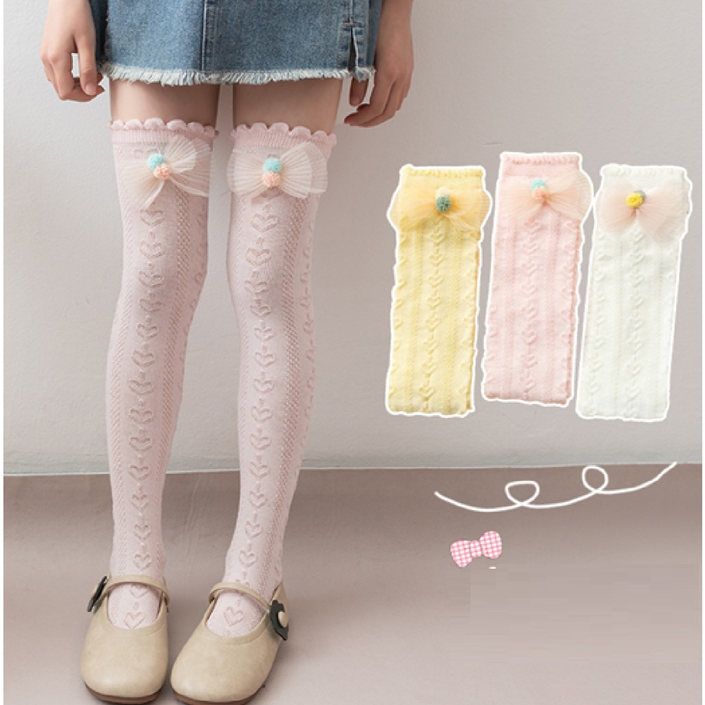 DD7 ถุงเท้ายาวสําหรับเด็กผู้หญิงมีริบบิ้นปอมๆ