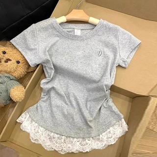 T-shirt ramping lengan pendek leher bulat renda abu-abu