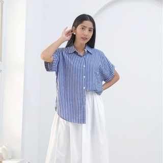 kemeja salur moony blouse lengan pendek bahan katun mango terbaru baju oversize