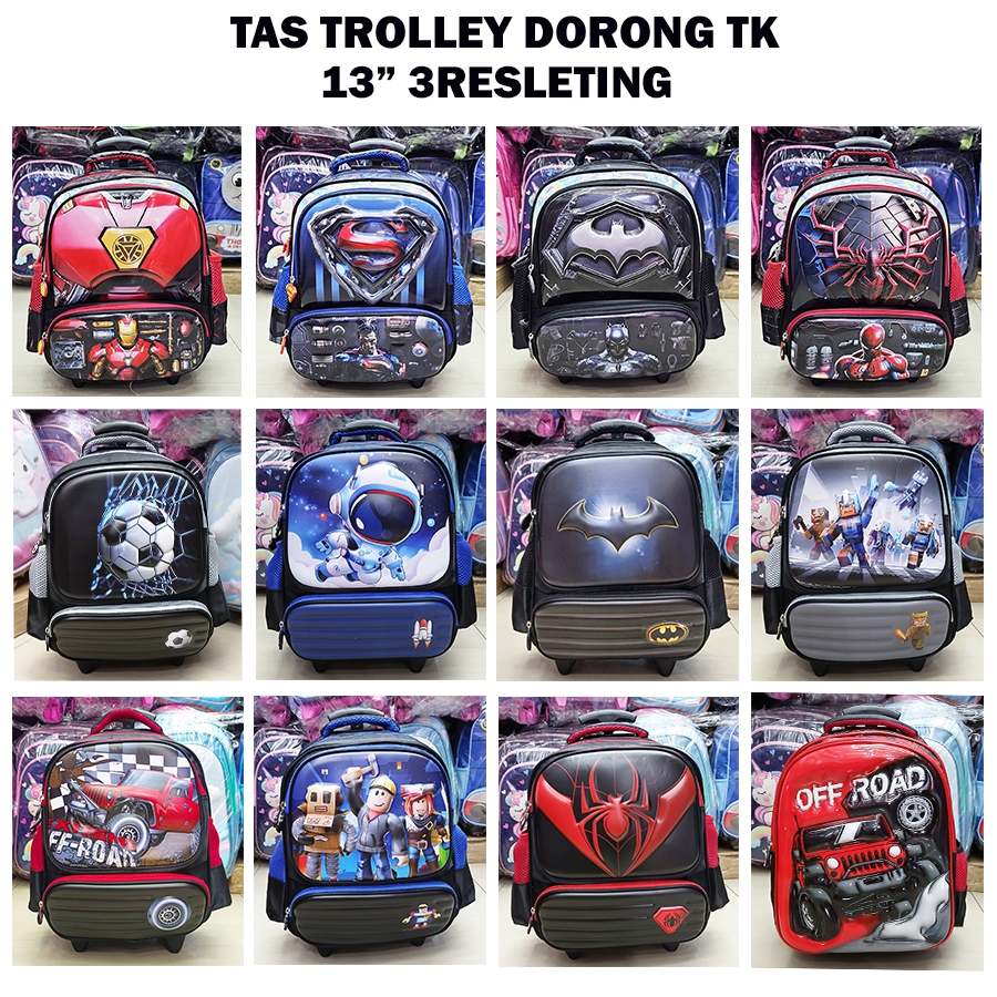 PREMIUM Push Bag Trolley School Bag for Boys Kinder / Play Group / PAUD DINO DINOSOURUS EMBOSSED GLOSSY / EMBOS 3 ZIPPERS (Luwi Gemez Gogo Kumbang Kubo Star Happy Hpp Egg Astronaut 12" / 13")