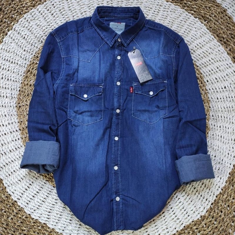 KEMEJA เสื้อเชิ้ตยีนส์ฟอกสีน้ําเงินเข้มสําหรับผู้ชายล่าสุด L51