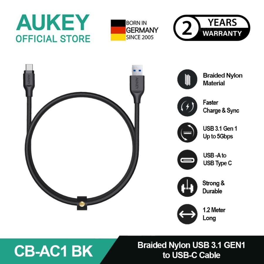 AUKEY สายชาร์จ USB A ถึง USB-C CB-AC1 สายถักไนลอน 1.2M