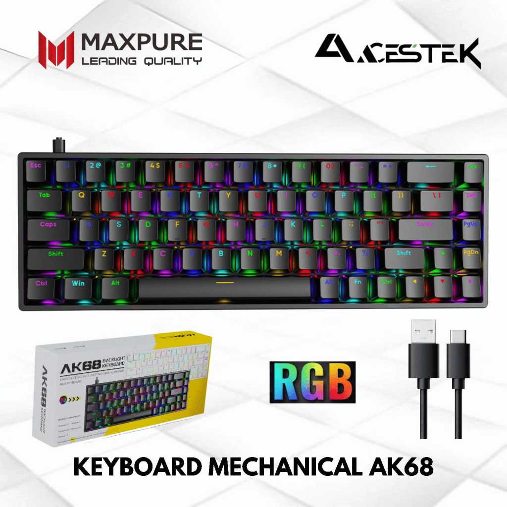 คีย์บอร์ดแบบกลไก AK68 RGB AK 68 คีย์สวิตช์สีน้ําเงิน 65% รูปแบบ USB สีขาว + อินเทอร์เฟซ type C เกมเร