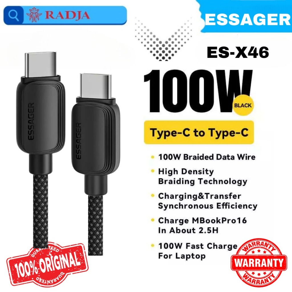 ESSAGER USB Type C ถึง Type C สายเคเบิลข้อมูลชาร์จเร็ว 5A 100W 2M - ES-X46