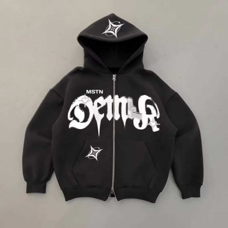 นางสาว | Boxy DOUBLE ZIPPER HOODIE • DEMONS BLACK • BOXY HOODIE • BOXY HOODIE FOR BOYS AND GIRLS