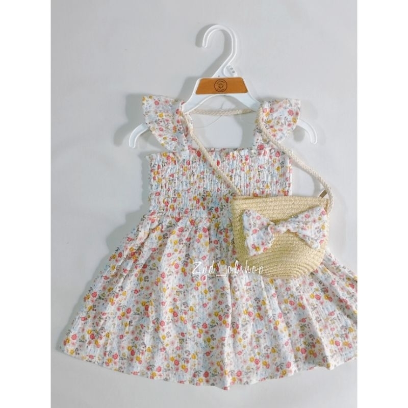 Rabbit n Bear Cotton Organic 2-in-1 Smoke Dress + Baby Girl Sling Bag Set 12M 18M 24M