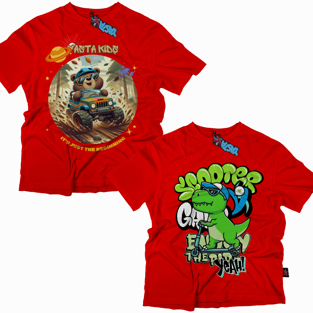 MERAH Red Panda Offroad & Dino Scooter Kids T-Shirt - Yasta Fashion