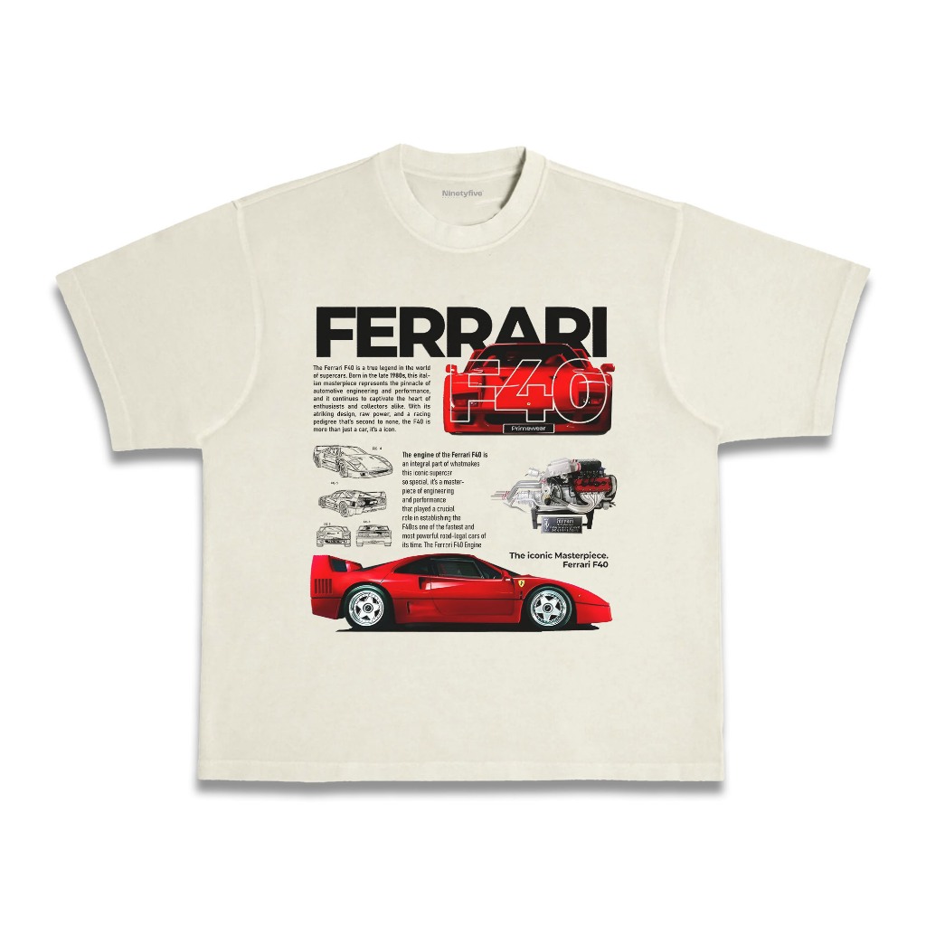 Boxy y2k Ferrari F40 Supercars เสื้อเชิ้ตโอเวอร์ไซส์ผ้าฝ้าย 20s