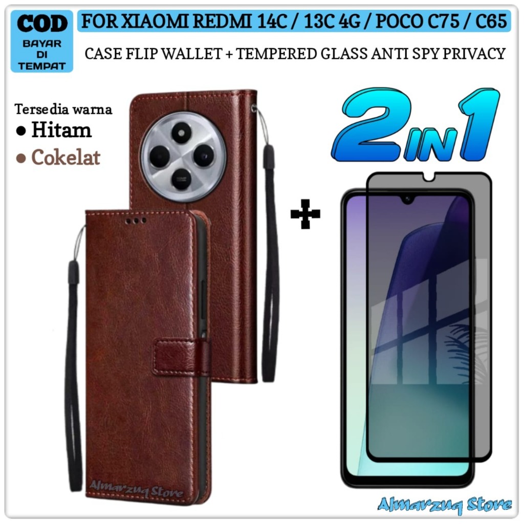 LAYAR 2in1 Case Wallet Package Xiaomi Redmi 14C 13C 4G Poco C75 C65 Full Screen Tempered Glass Walle