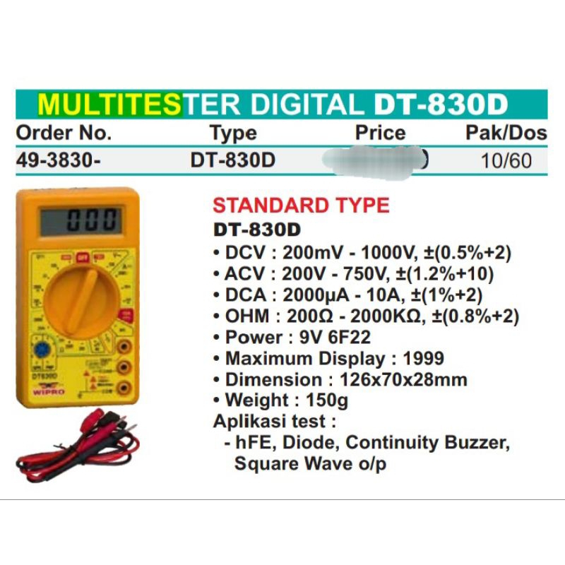 Wipro Digital Multitester DT-830D - เครื่องมือวัดกระแสไฟฟ้า - มัลติมิเตอร์ Avometer DT-830D