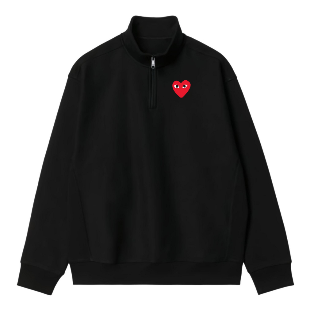 เสื้อสเวตเตอร์มีซิปแขนยาวรักบี้ขั้นพื้นฐาน / Halfzip Love CDG Logo Simple / เสื้อคอเต่า Unisex Distr