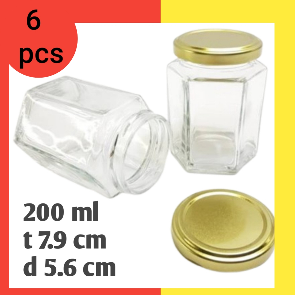 / 6 ชิ้น 200 ml ขวดแก้ว HEXAGONAL HEXAGONAL 200 ml BOTTLE และ GOLD CAP ใหม่ / ใหม่ขวด HEXAGONAL