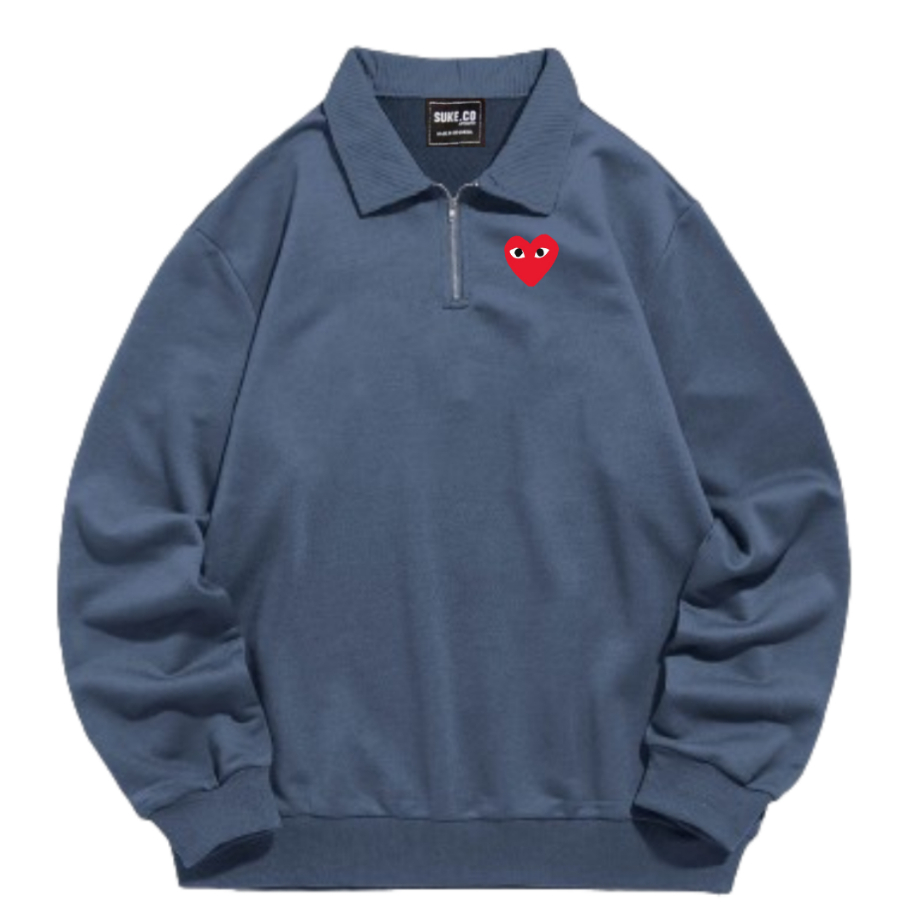 Saraka - เสื้อคอเต่า Basic Fleece แขนยาวหนา / ซิปครึ่งดู Simple Love CDG โลโก้ / เสื้อแจ็คเก็ตเสื้อก