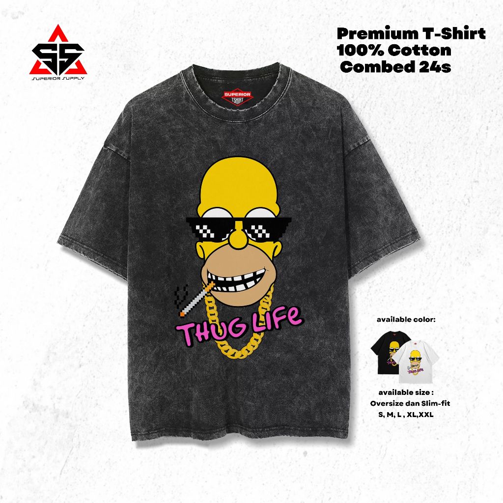 SUPERIOR Simpsons เสื้อยืดขนาดใหญ่ Slimfit stonewash ล้าง tshirt SIMPSONS-8 เสื้อยืด