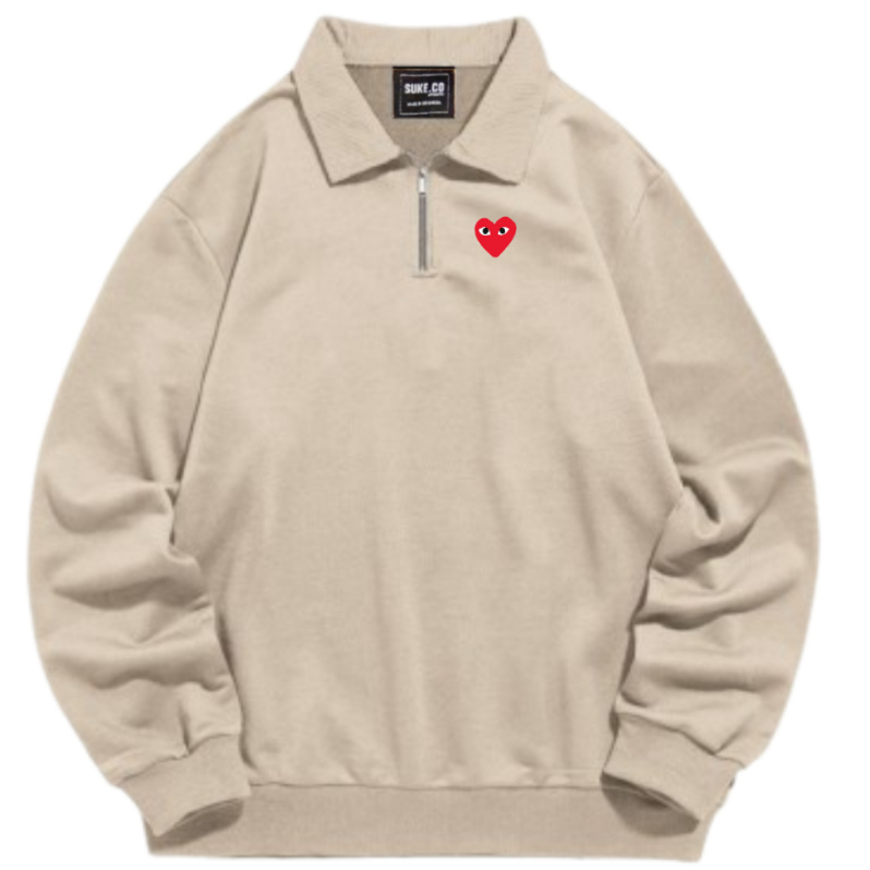 Half Zipper สไตล์เกาหลี Unisex แขนยาว / เสื้อกันหนาวคอเต่าโลโก้ Full Print Love CDG / Halfzip Cream 