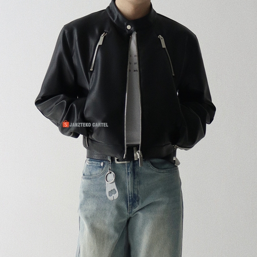 JNK x JERI - Grger Mafia Mens Boxy Crop Jacket Semi Synthetic Leather Viena PU Leather Jacket Vintag